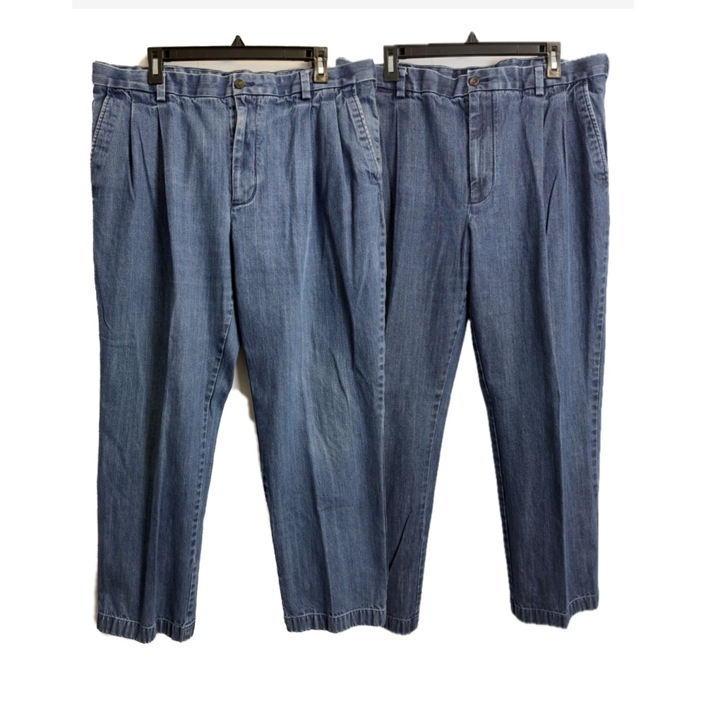 Roundtree & Yorke Mens Pleated Denim Trousers Blue Expandable Waist Jeans 38x31